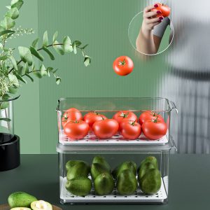 Sliding Lid Refrigerator Organizer Bin Set with Drain Tray