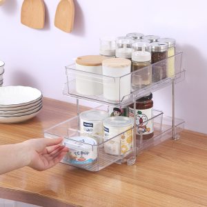 2-Tier Clear Pull Out Plastic Cabinet Storage Organizer with Divider