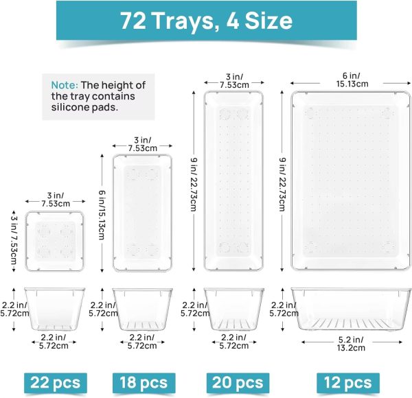 72 PCS Clear Plastic Drawer Organizers Set 4-Size Bathroom and Vanity Drawer Organizer Tray - 图片 2
