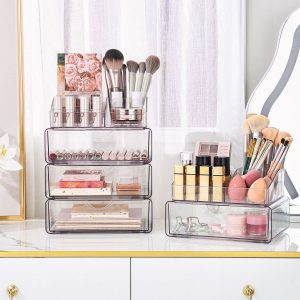 Clear Acrylic Makeup Organizer Storage Drawers – Stackable Cosmetic Holder for Brushes, Lipsticks, and Beauty Essentials